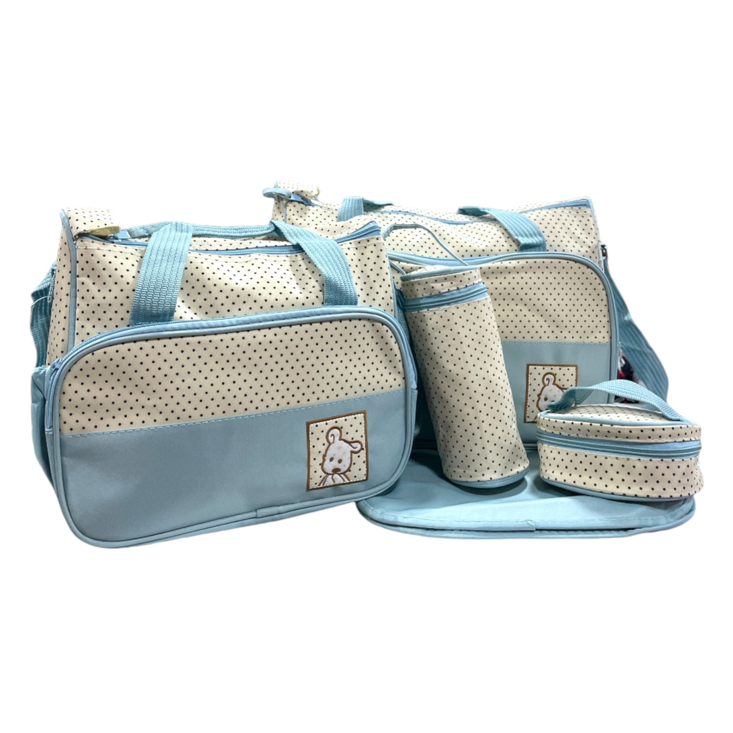 Set bolso maternal 5 piezas celeste con puntos