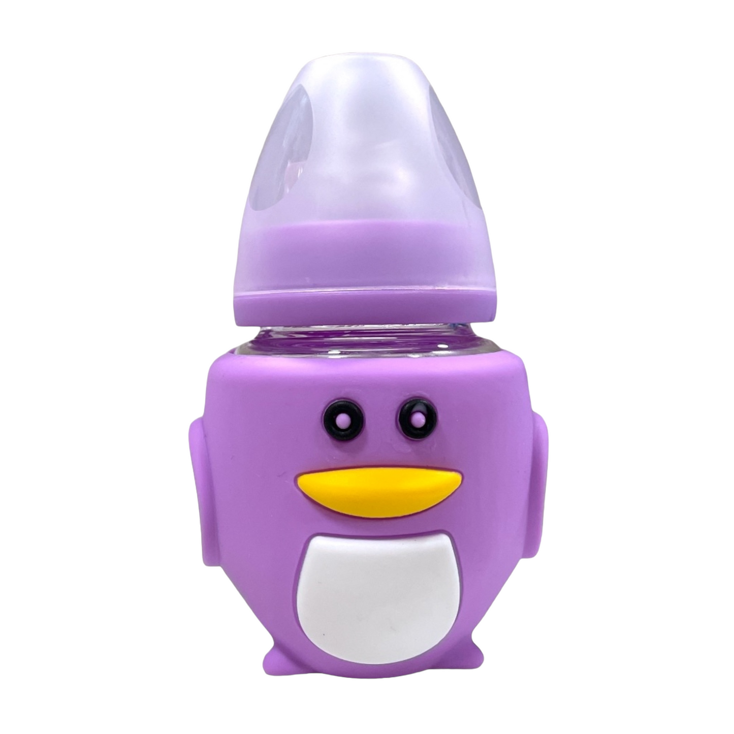 Mamadera de vidrio pingüino lila