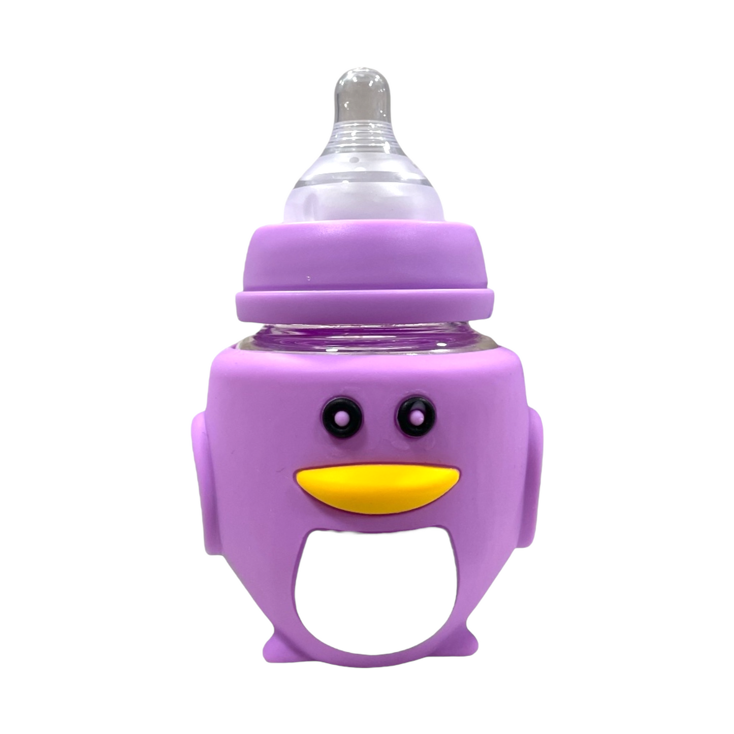 Mamadera de vidrio pingüino lila