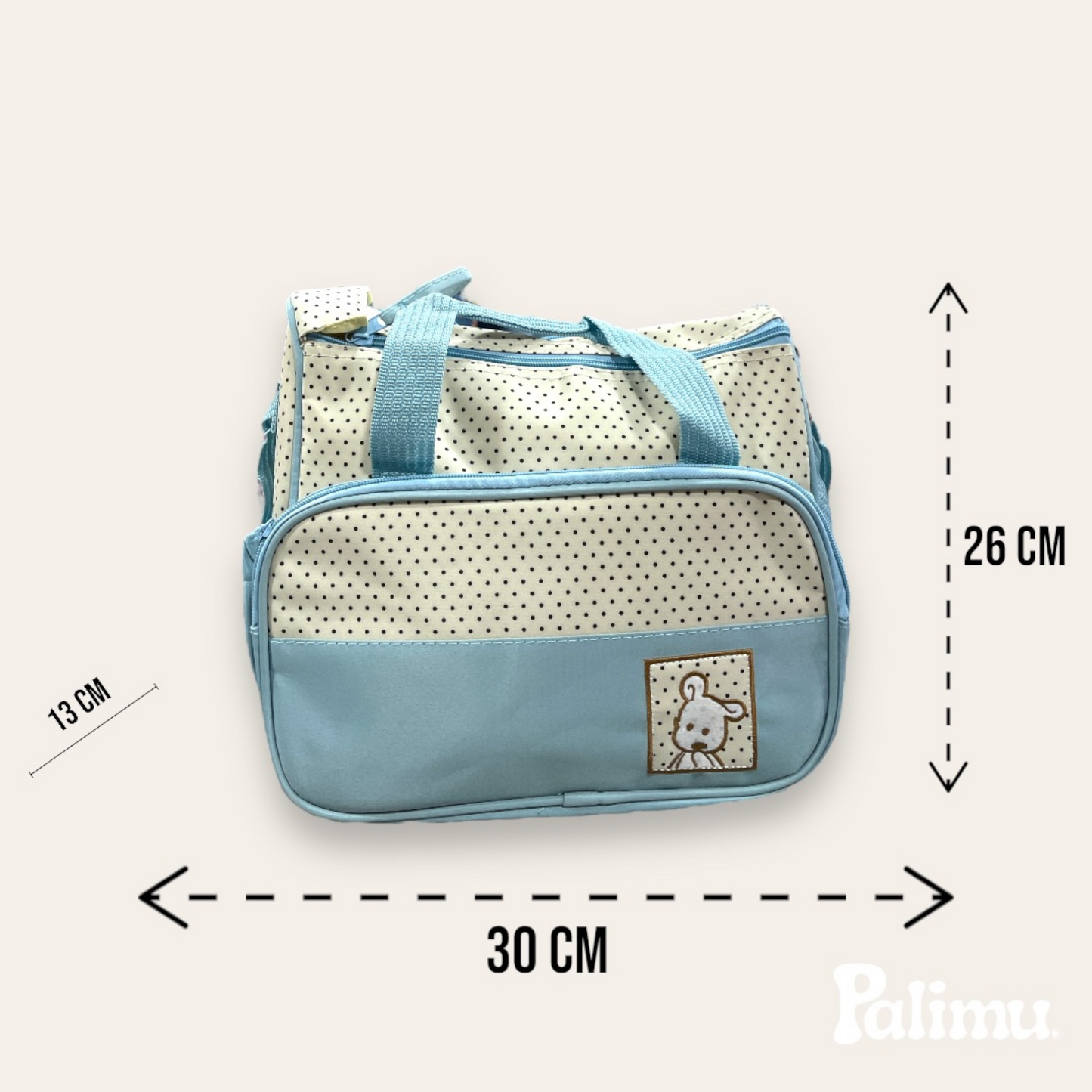 Set bolso maternal 5 piezas celeste con puntos