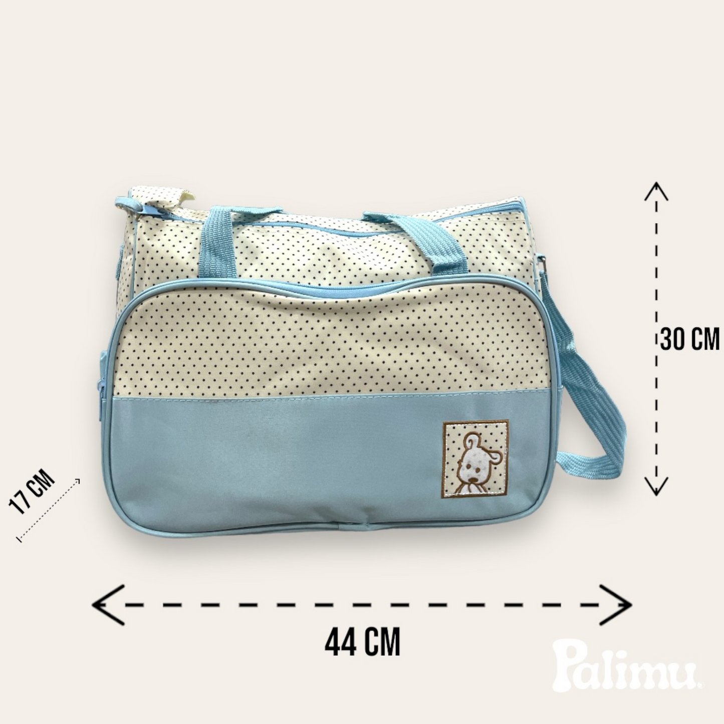 Set bolso maternal 5 piezas celeste con puntos
