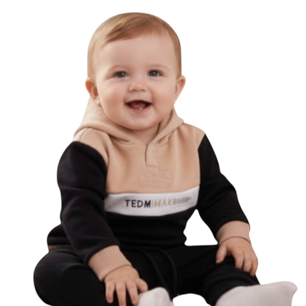 Palimu baby beige and black color block hoodie with drawstring pants. Cotton-polyester blend.