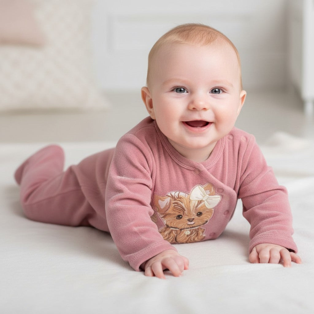 Palimu pink velvet baby romper with a Yorkshire terrier dog and "smile" embroidery. Long sleeves and snap closure.