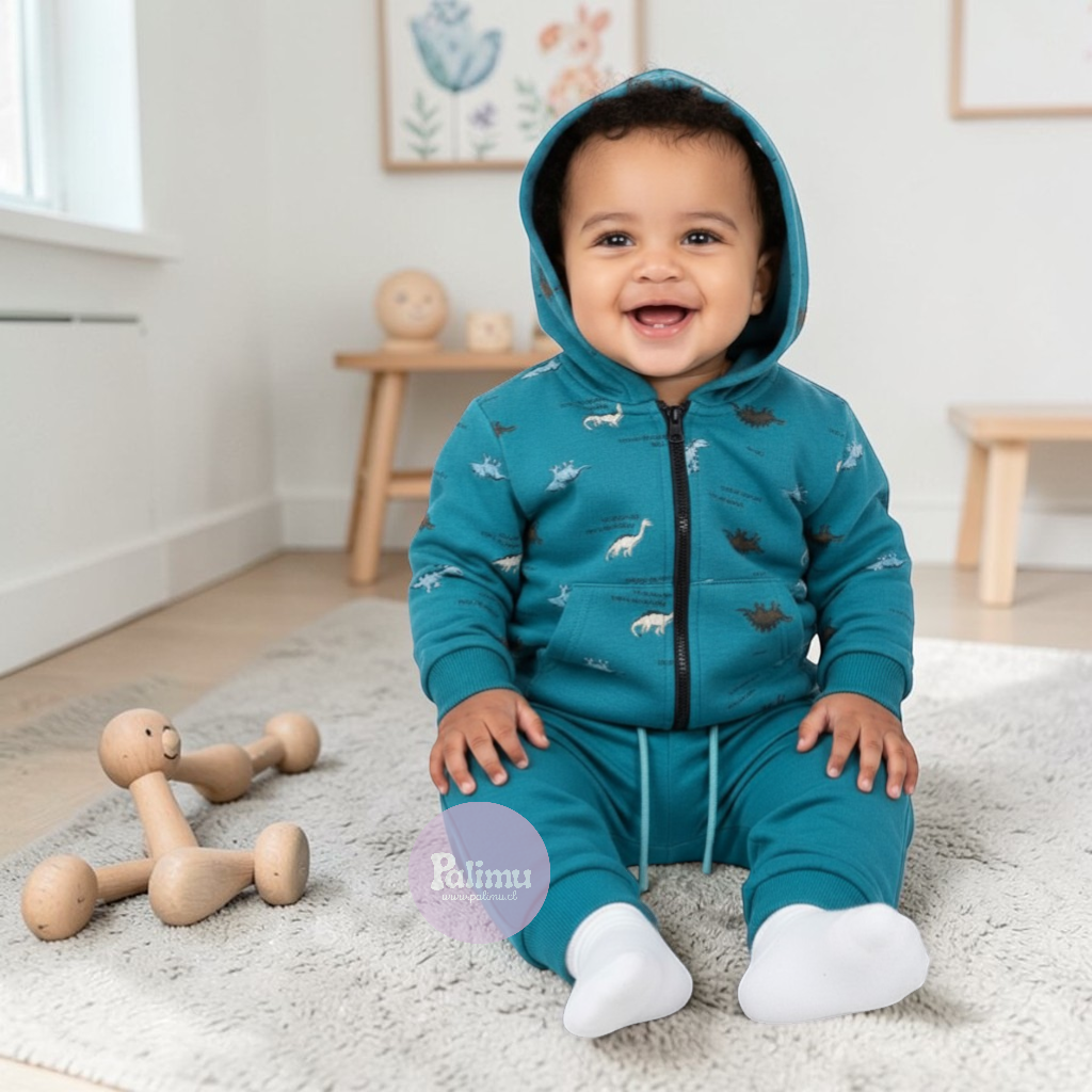 Palimu turquoise hooded tracksuit with dinosaur print, 40% cotton, 60% polyester, for baby boys.