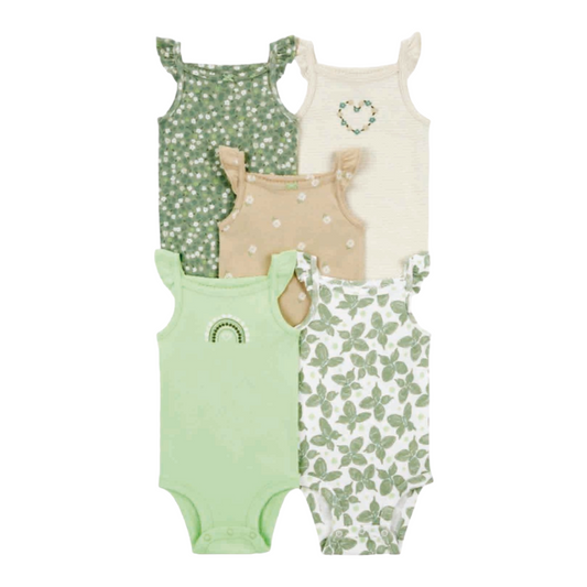 Set de 5 bodys manga corta, Verde lima y beige