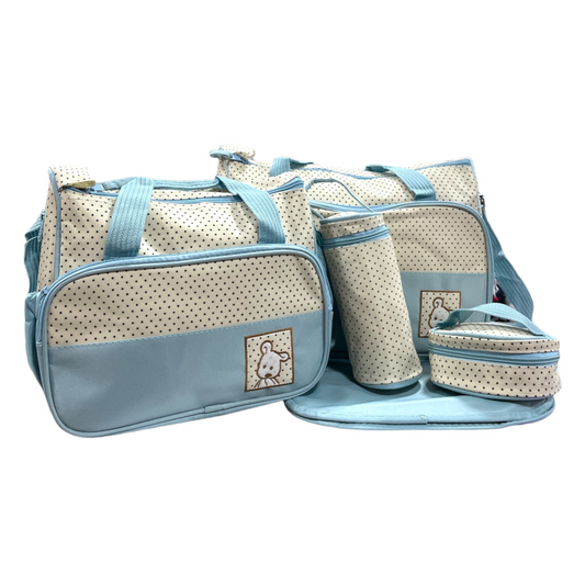 Set bolso maternal 5 piezas celeste con puntos