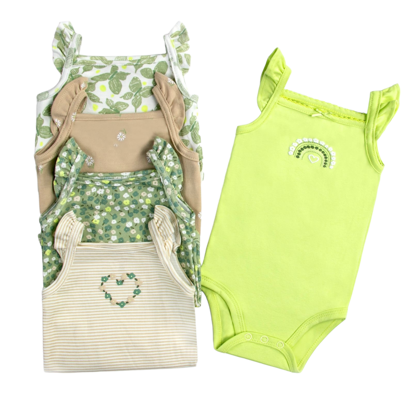 Set de 5 bodys manga corta, Verde lima y beige