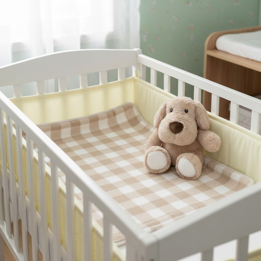 Palimu beige plush dog toy and tan and white checkered baby blanket in a crib.