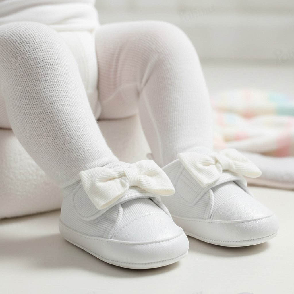 Palimu white baby girl sneakers with white bow detail. Soft, lightweight, and comfortable for little feet.